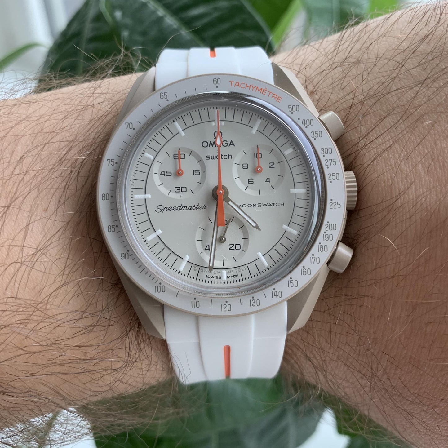 Bracelet strap Omega Swatch MoonSwatch gris clair et orange