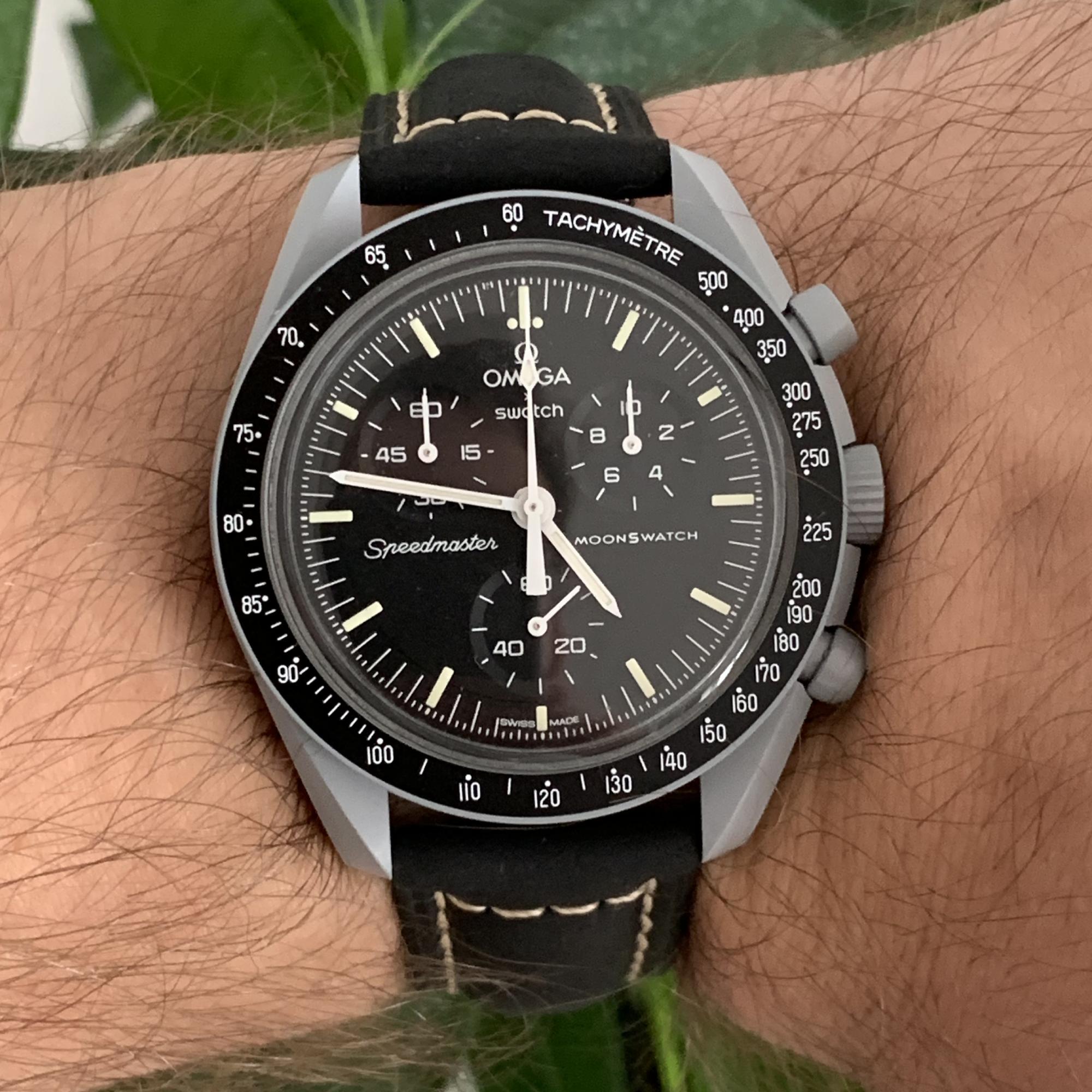 Speedmaster black leather strap hot sale